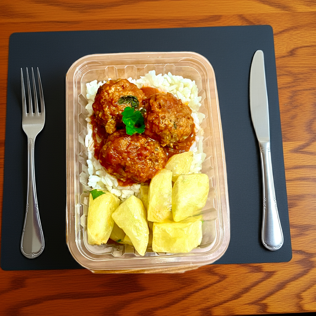 Almôndega de Carne Com arroz e batatas coradas