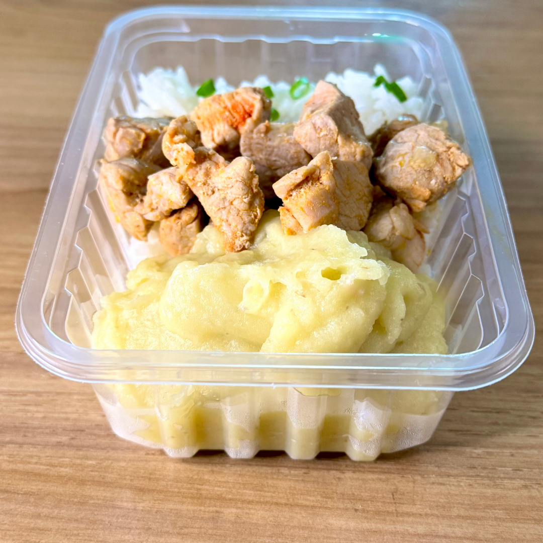 Mignon suíno com purê e arroz